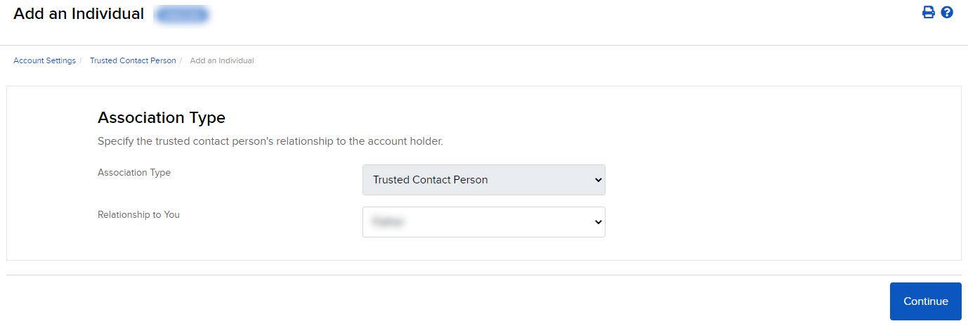 The add trusted contact panel in org. portal. 